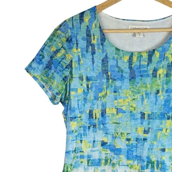 Coldwater Creek Watercolor Top TShirt Blue Yellow Size 8 Short Sleeve Round Neck - Picture 3 of 6